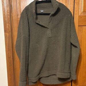 Aerie Olive Green Fleece Half Button Up Neck Sweatshirt Size Large